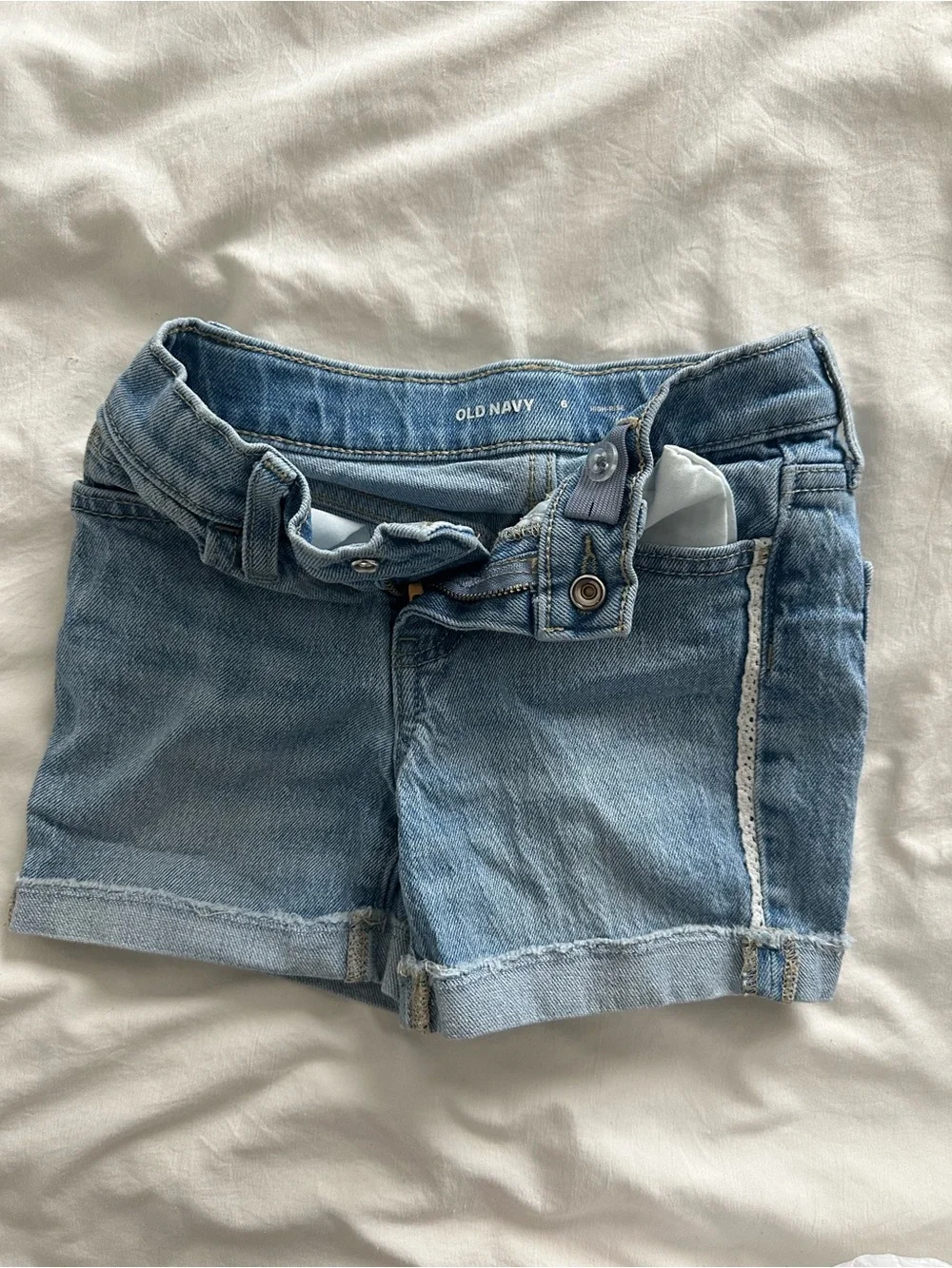 Old Navy Light Blue Denim Shorts with White Lace Trim